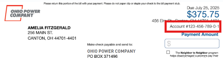 Example Ohio Power utility bill